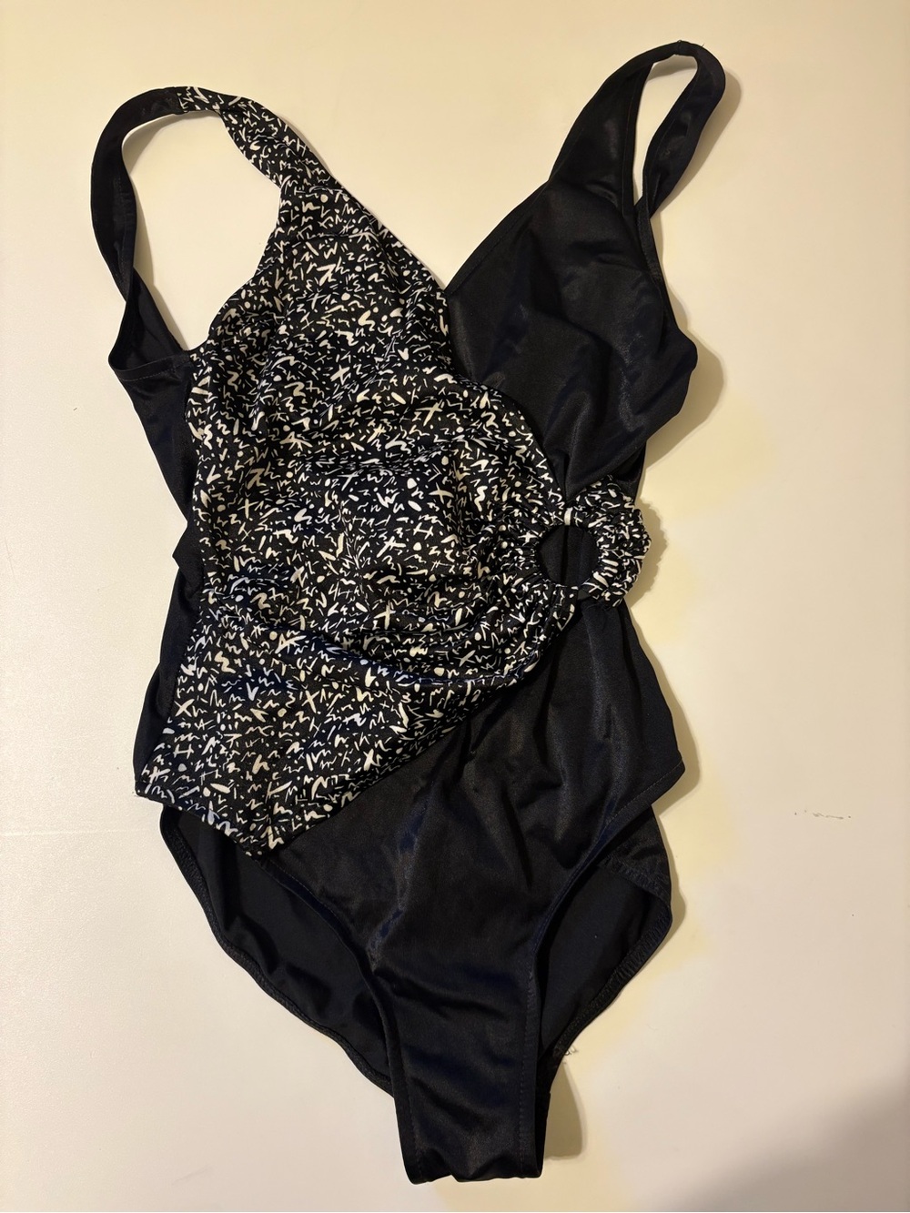 Black One-Piece Swimsuit with Patterned Front Accent